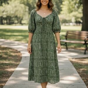 Joie 100% Cotton Eyelet Puffed Sleeve Open Back Midi Dress.